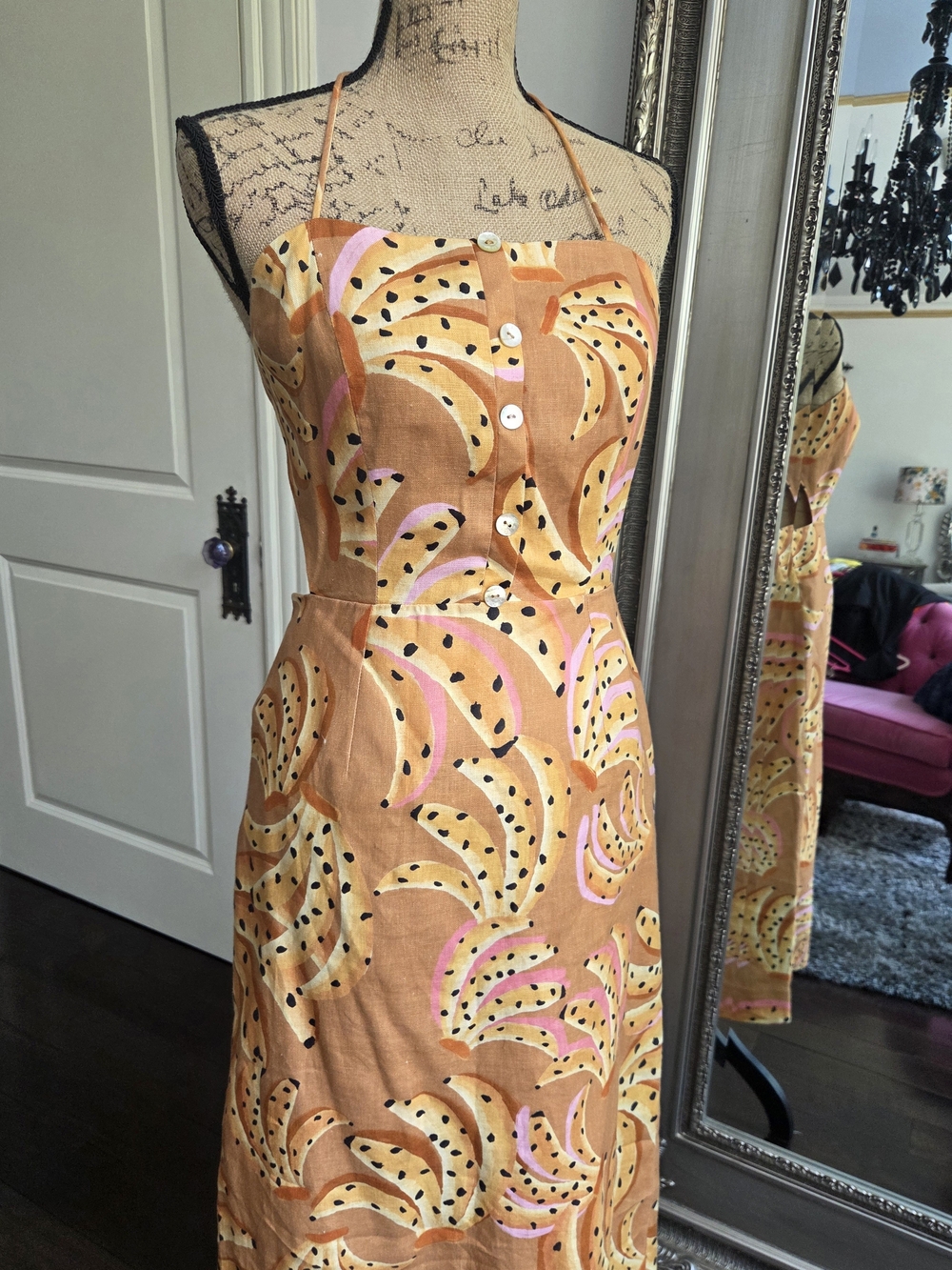 FARM Rio Peach Halter Midi Dress with Pink & Cream Accents M